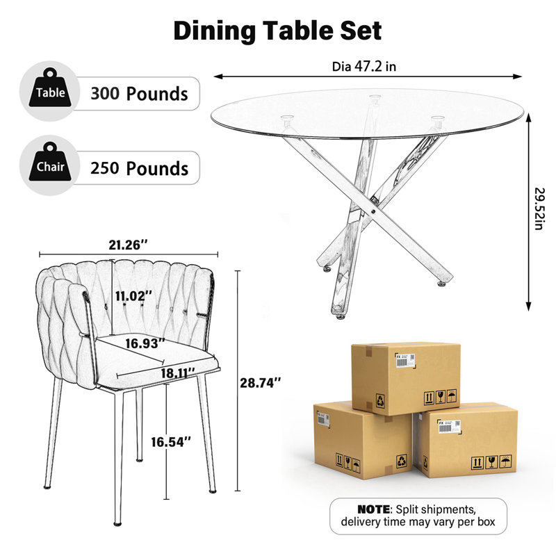 Ayron Round Restaurant Dining Set, Clear Dining Table with Cross Legs with Velvet Dininig Chair for Small Space and Dining Room