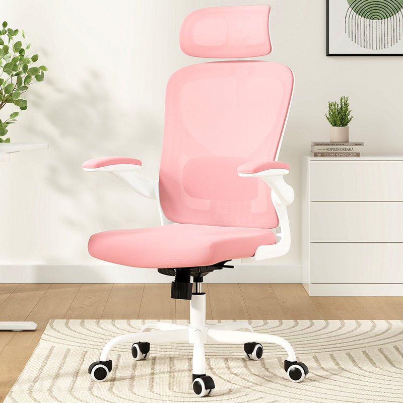 White & Pink Ergonomic Office Chair, Home Office Desk Chair, With Headrest, High Back Computer Chair, Armrests And Adjustable Lumbar Support For Home Office Study Room