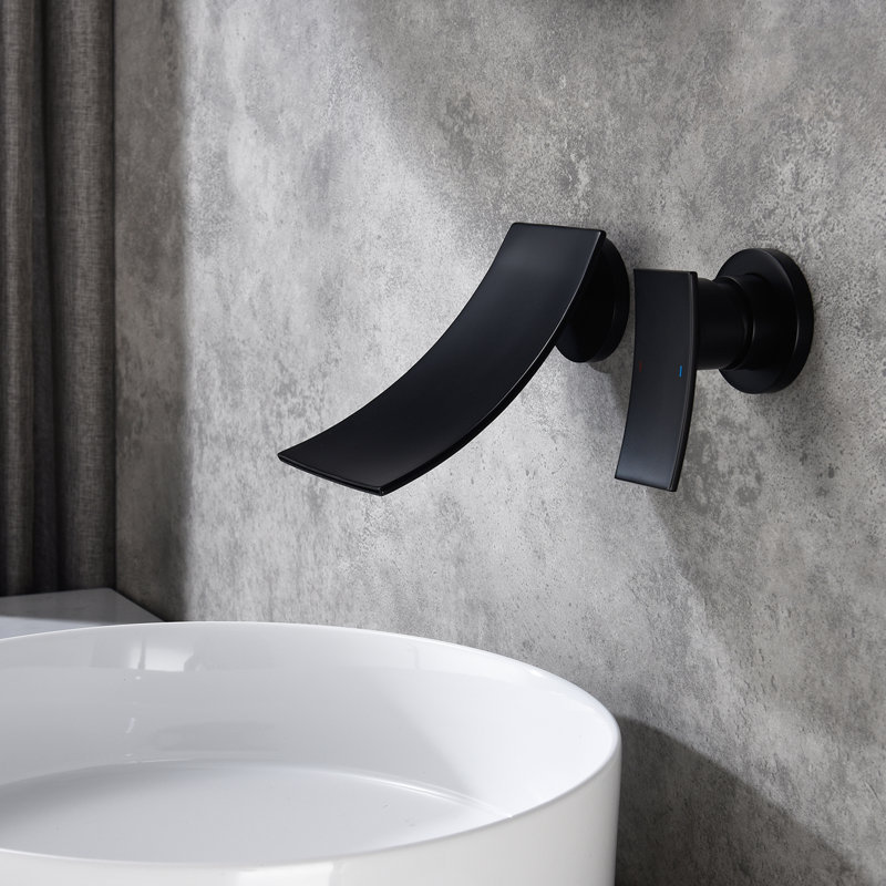 Robinet de salle de bain mural en noir mat, bec élargi, valve de contrôle exacte pour le débit et la température de l'eau, accessoire monté sur robinet noir, réglage large de la température, convient aux éviers