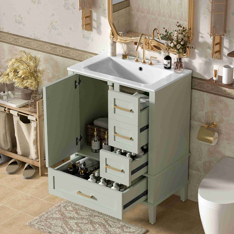 Bathroom Vanity With Storage, Gold, Light Green, 24"