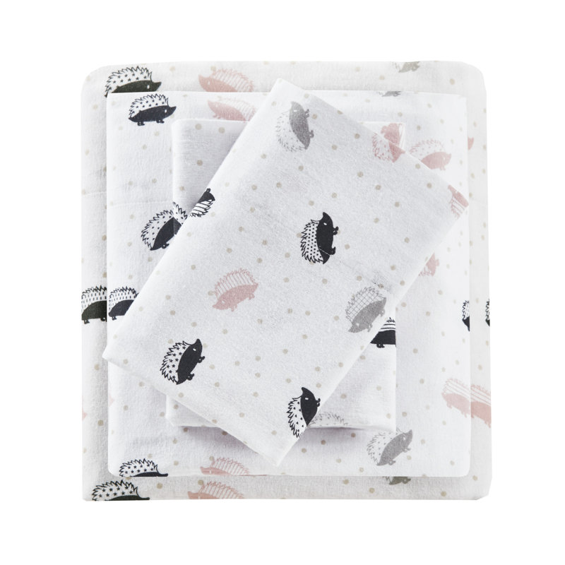 Cozy Soft 100% Cotton Flannel Sheet Set, Queen Sheet Case Pack with Fitted Sheet, Gray Hedgehogs
