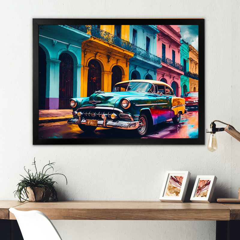 «Green and Yellow Retro Car Heritage», reproduction d'art sur toile rétro, Cadre photo noir, L 20 po x H 12 po