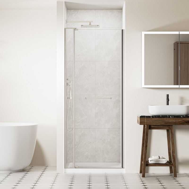 Porte de douche pivotante sans cadre de l 28 à 32 po x H 72 po avec verre trempé de 1/4 po (6 mm) et 5/16 po (8 mm), porte de douche pivotante en verre avec barre à serviettes, butée à 105 °, finition chromée