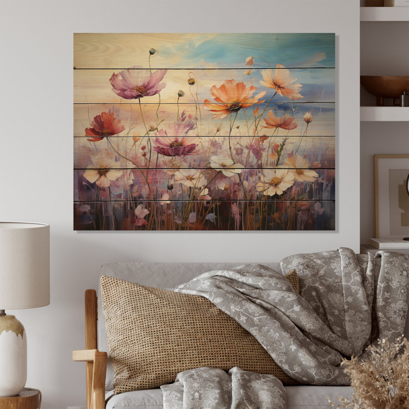Fleurs sauvages, champ enchanté sur bois, H 10 po x l 20 po x P 0,78 po