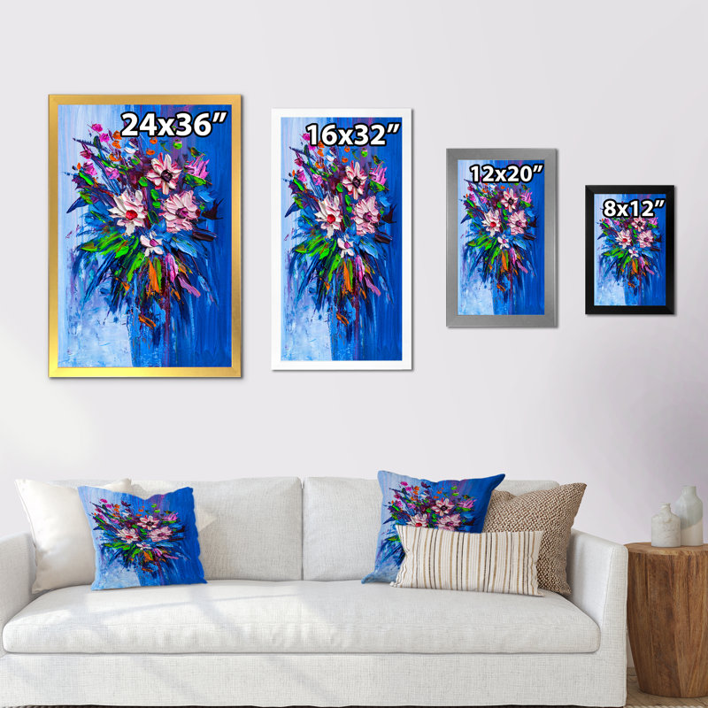 Bouquet bleu de fleurs de marguerite - art mural traditionnel sur toile, H 20 po x l 12 po x P 1 po