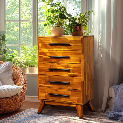 Acacia Solid Wood 26 " W 5 - Drawer Dresser