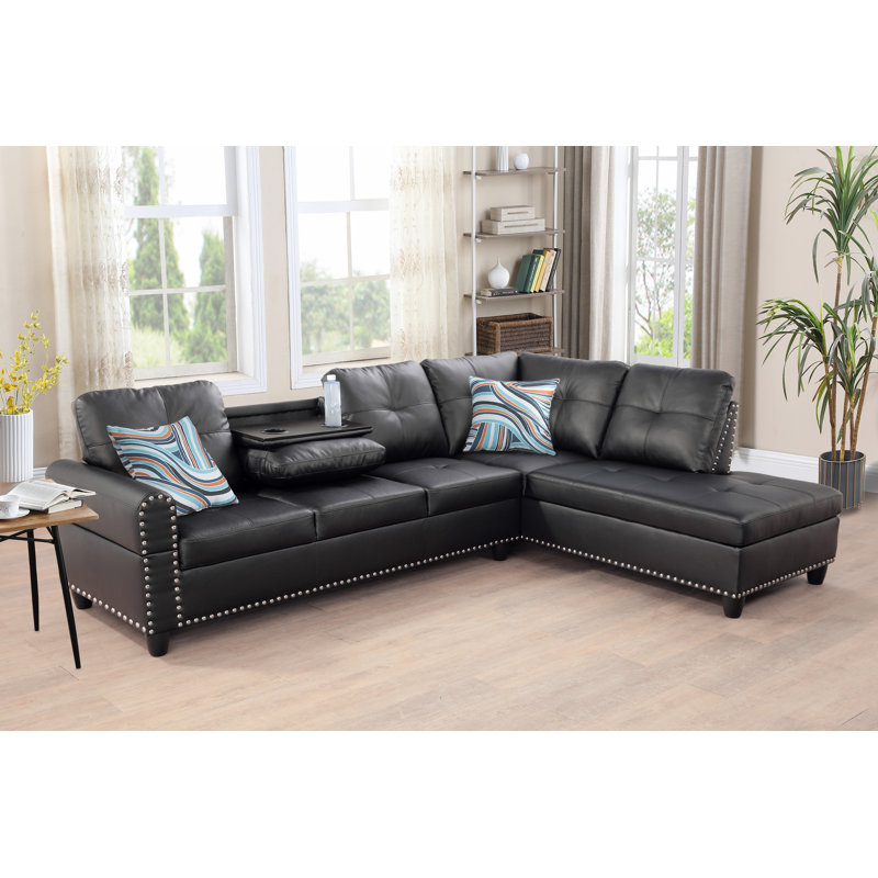 Louvenia Faux Leather L-Shaped Sectional, Black Faux Leather, Right Hand Facing