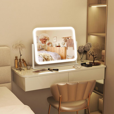 Miroir de maquillage avec lumières 17 '' X 13 '' Miroir de maquillage avec lumières, écran tactile de miroir de salle de bain avec éclairage tricolore, à intensité variable, pour bureau de coiffeuse blanc