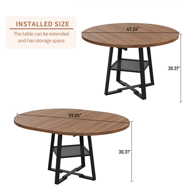 Extendable Round Dining Table For 4-8, 47 Inch Dining Room Table With Storage, Sturdy Metal Frame & Thickened Panel, Circle Dinner Tables For Dining Room, Kitchen, Living Room