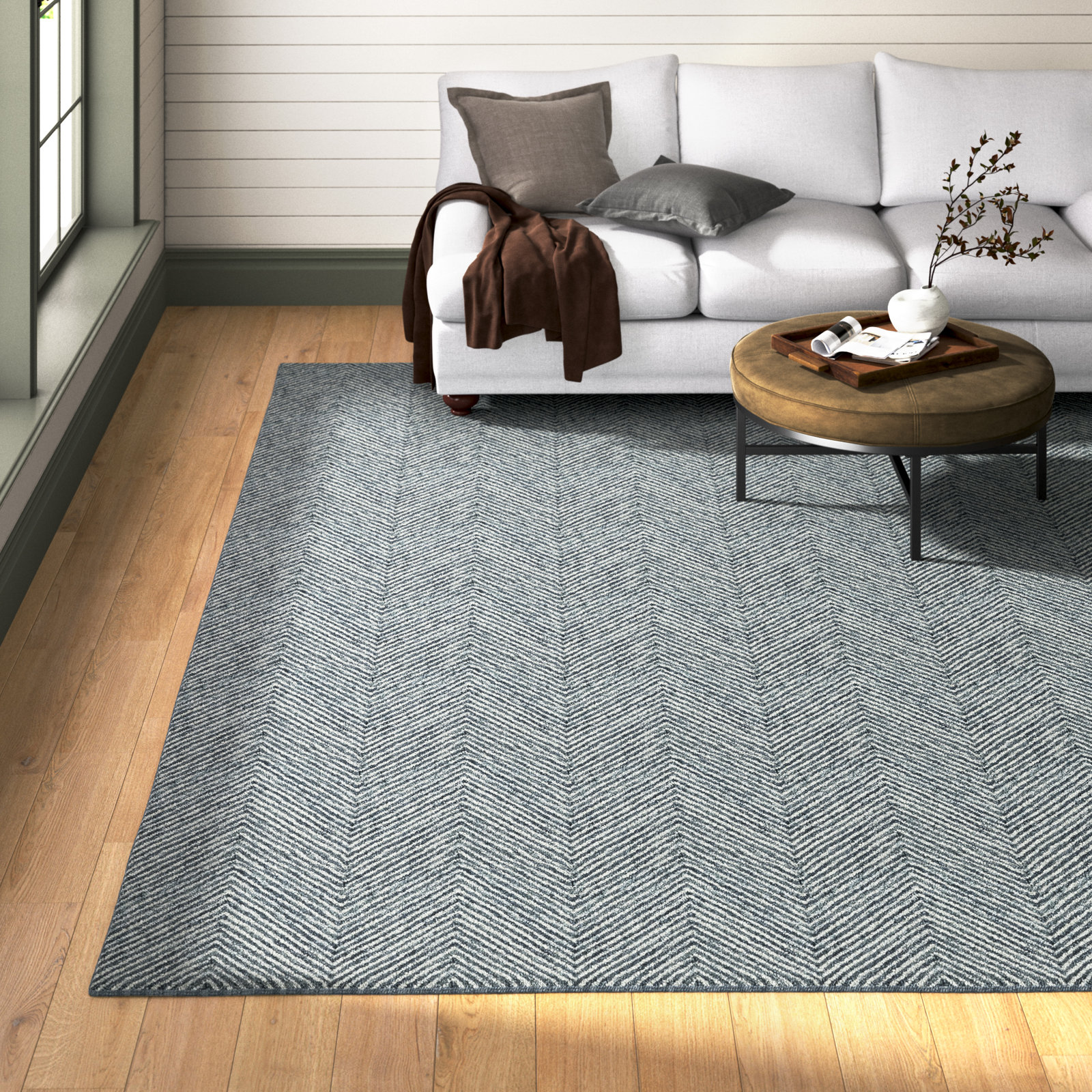 Wheaton Blue Beige Hand-Tufted Wool Rug, Rectangle 5' x 8'