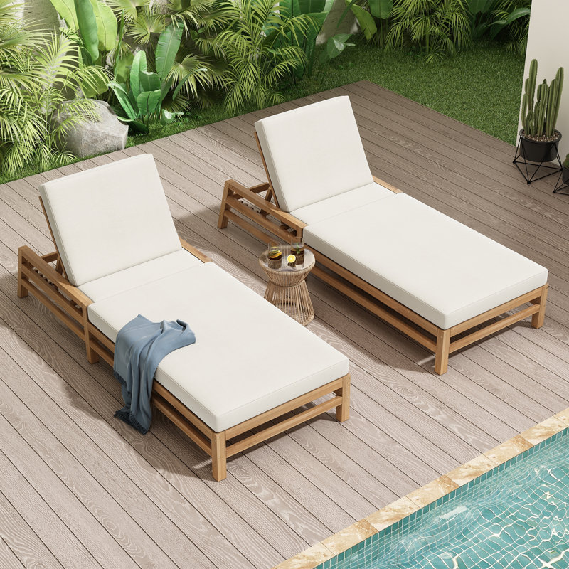 5-Position Adjustable Outdoor Chaise Lounge Set of 2, Solid Wood Patio Recliner Chair with Thick Cushions, Weather-Resistant for Pool, Balcony & Garden