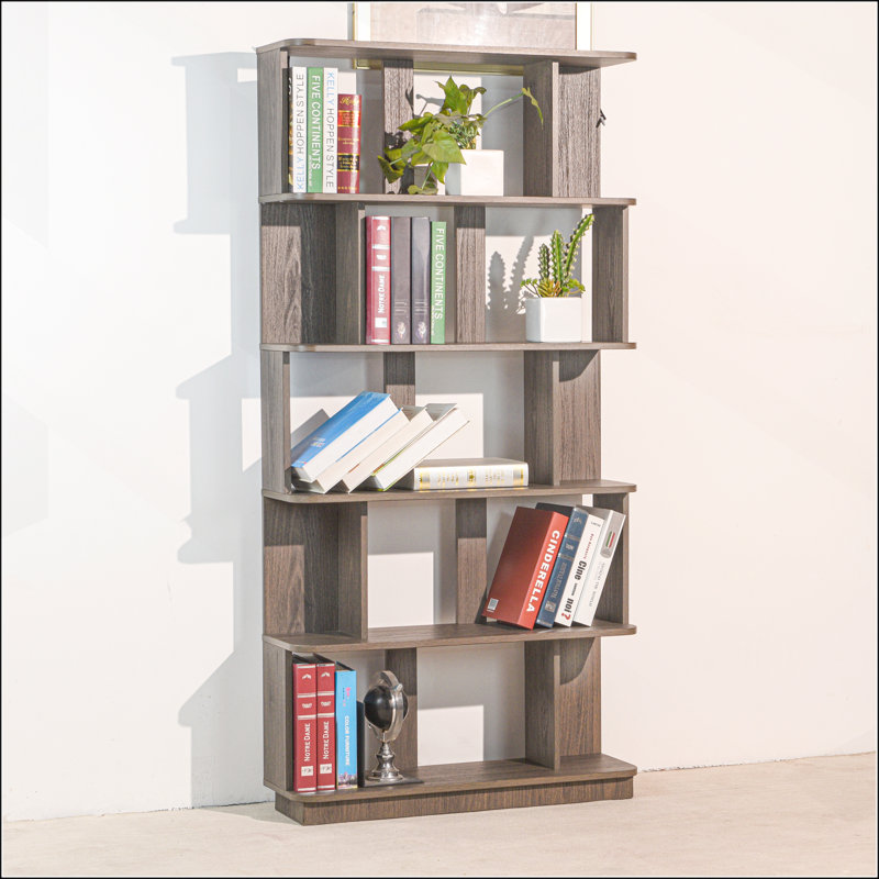 Bibliothèque moderne de rangement ouverte à 5 niveaux avec de grandes tablettes pour la maison et le bureau, Marron foncé