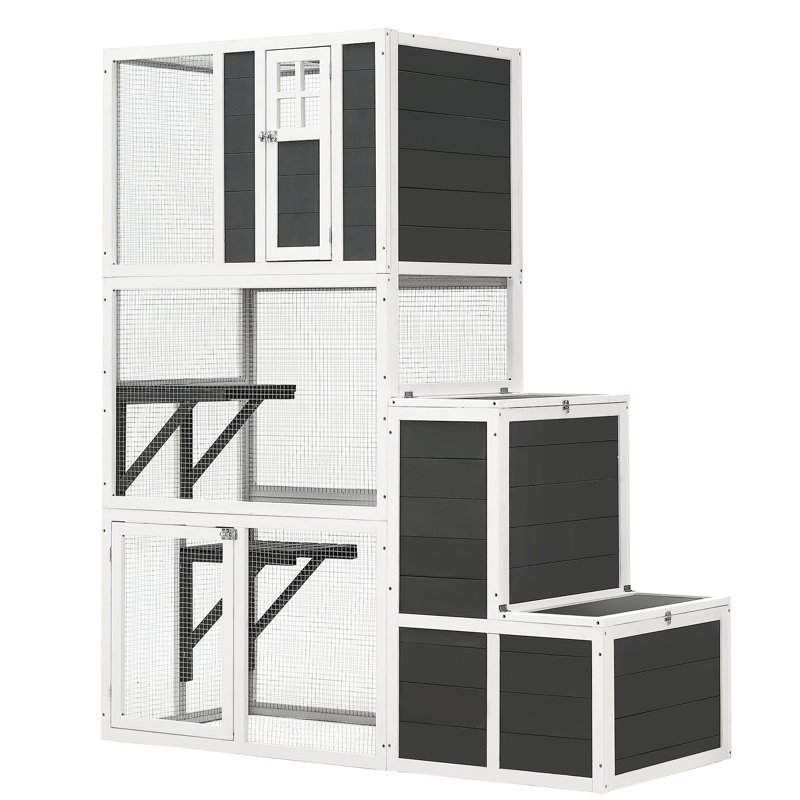 Cage en bois pour chat avec 2 portes - 3 abris pour l'extérieur et l'intérieur pour plusieurs chats