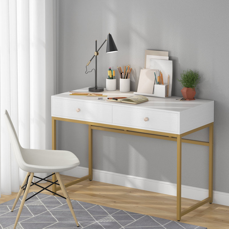 Jahnke Metal Base Computer Desk, White/Gold