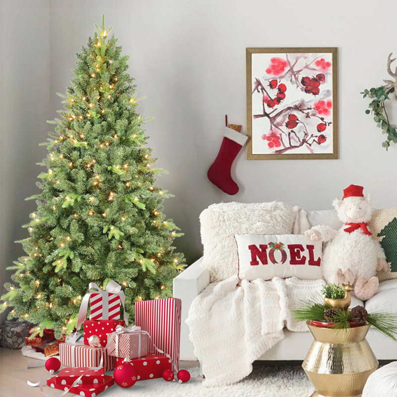 Arbre de Noël illuminé 6 pi avec 350 lumières blanc chaud UL 1339 pointes en PVC PE, branches articulées, support en métal robuste