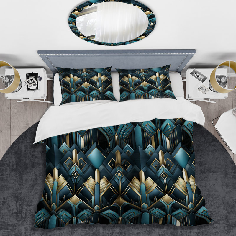 Ensemble de housse de couette damassé géométrique bleu sarcelle et or Art Deco Glamour