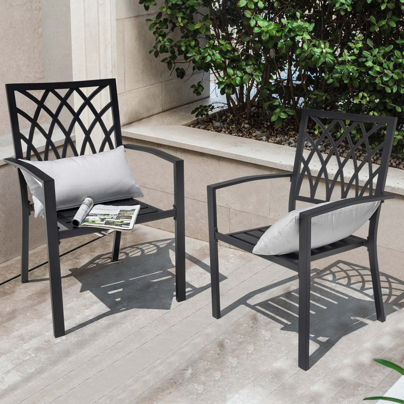 Chaise d'extérieur Rainen de 2 chaises de salle à manger, structure en fer thermolaqué et motif de treillis pour patio, noir
