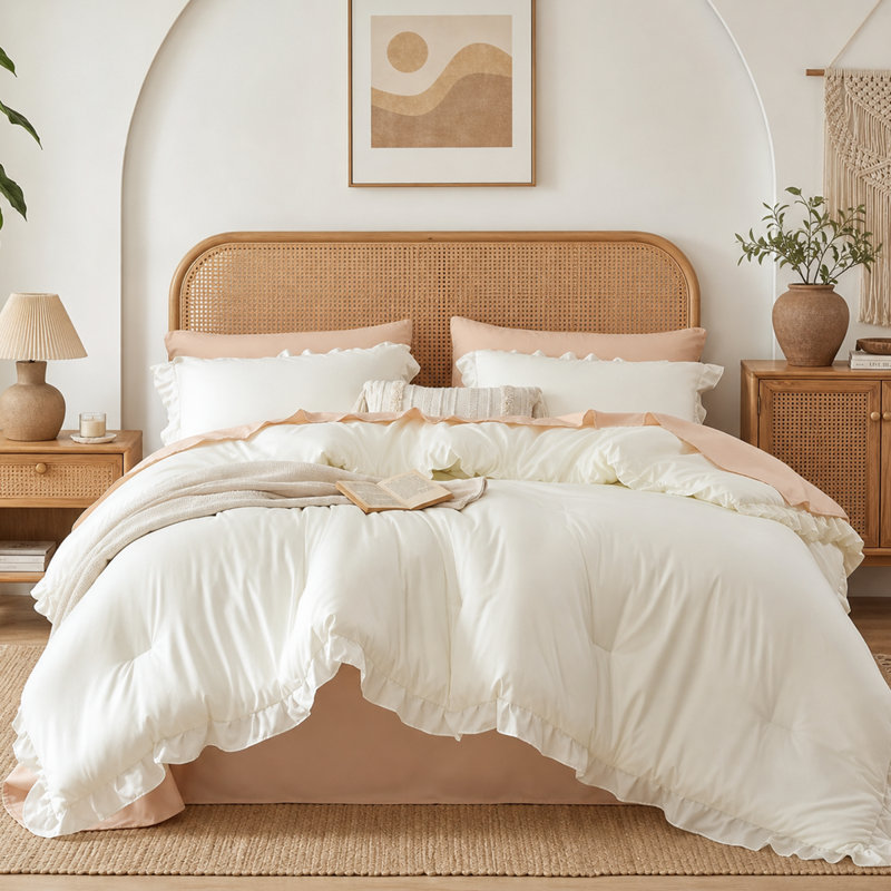 Ruffle Comforter Set 3 Pieces-Bedding for All Seasons Fluffy Vintage Farmhouse Comforter With Two Pillowcases, Creamy White