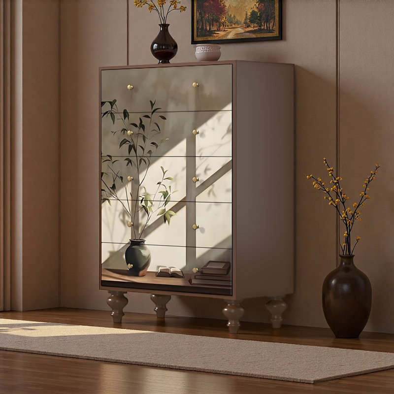 Commode 5 tiroirs en bois massif pour le rangement de la décoration intérieure, Noyer
