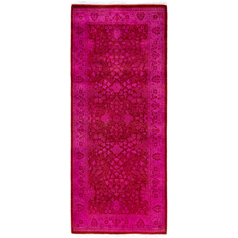 Tapis de couloir rose en laine noué à la main Bussard 2 pi 6 po x 6 pi 2 po