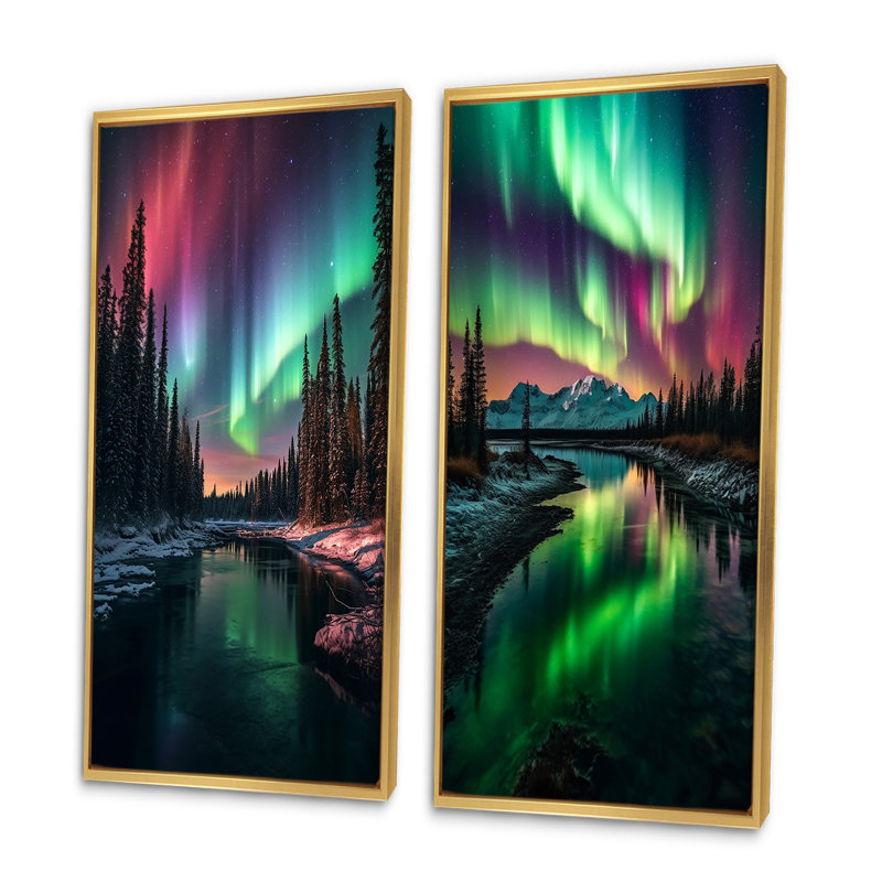 «Yukon Northern Lights Beauty», 2 pièces, H 32 po x l 32 po, Encadrement doré