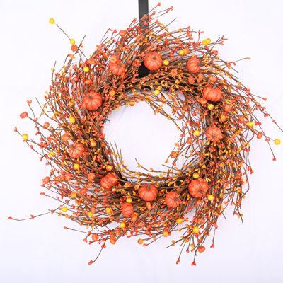 24" Faux Fall Thanksgiving Day Pumpkin Berry Wreath for Front Door