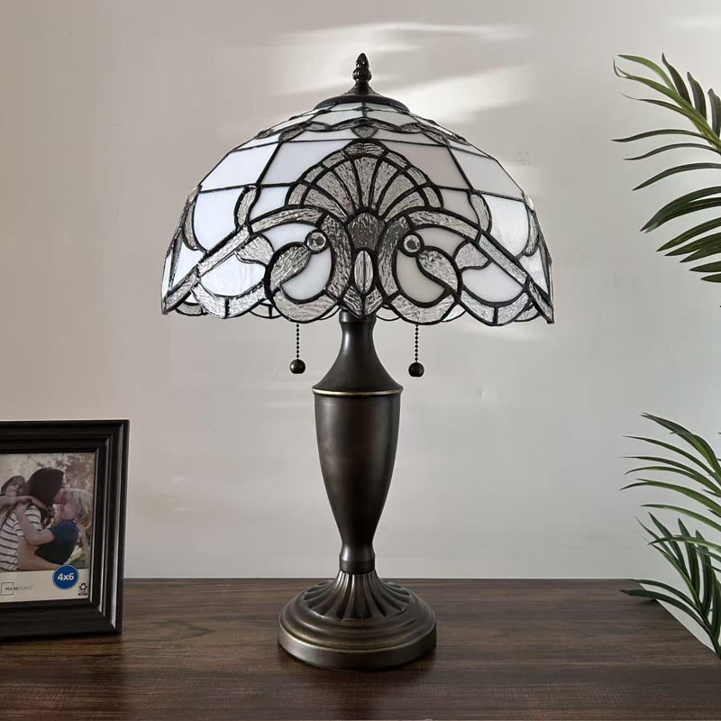 Tiffany Table Lamp White Stained Glass Baroque Style LED Bulb Included 14"W*14"D*21"H