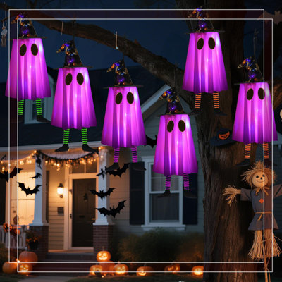 Fantômes suspendus d'Halloween illuminés (6 pièces, 2025 nouveaux) - 20 lumières DEL à deux couleurs, 8 modes d'éclairage, minuterie 8H / 16H, décoration de porche intérieur / extérieur