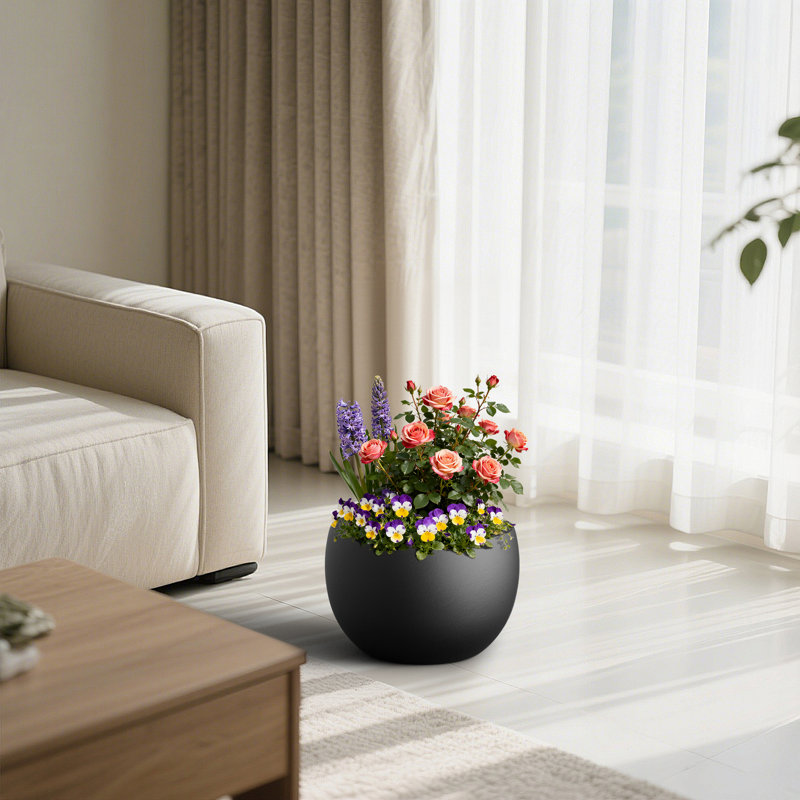 Bol / pot à fleurs moyen en béton noir mat 14,5 "x H 10" pour l'intérieur et l'extérieur avec trou de drainage, Noir mat