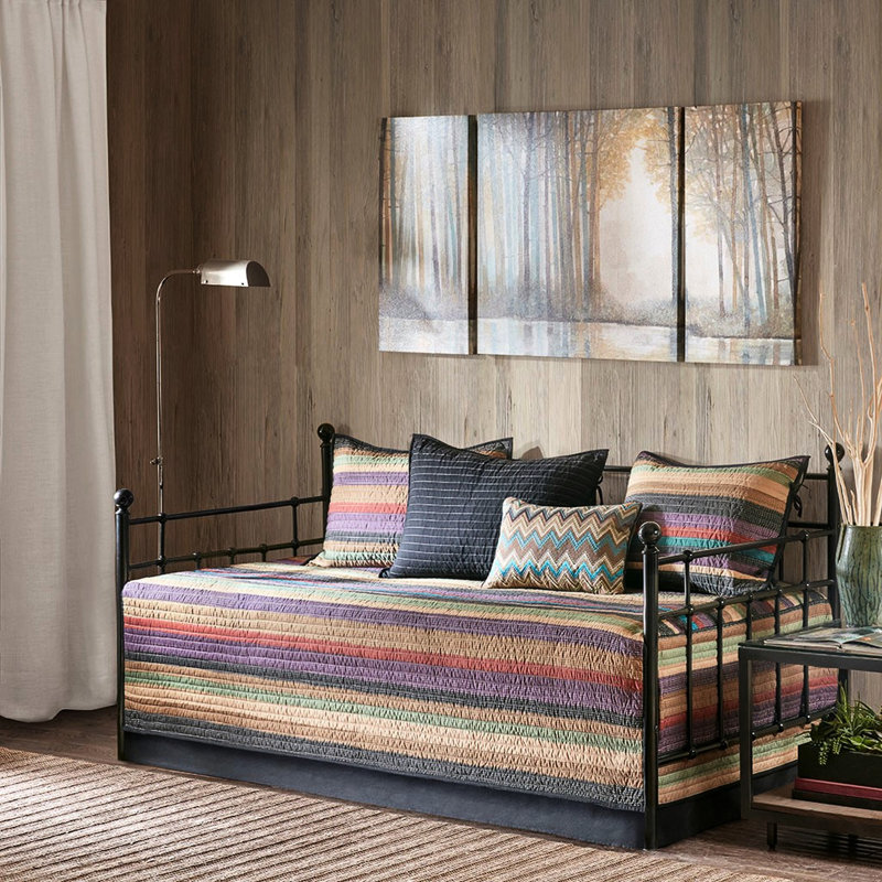 Housse de lit de jour réversible 6 pièces, thème à rayures multiples, pour matelas simple, housse, 3 taies décoratives, coussin décoratif, lavage facile, rayures réversibles, taille de matelas, lavable à la machine