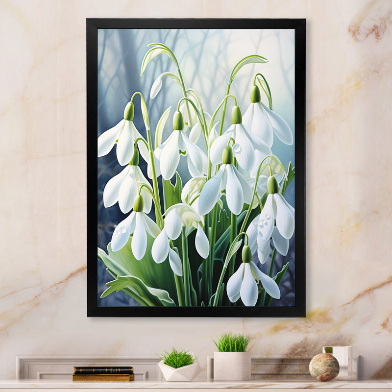 Edoire " White Green Snowdrops Romantic Impression III " Mixed Media Print, 32" H x 16" W x 1" D, Black Picture Framed