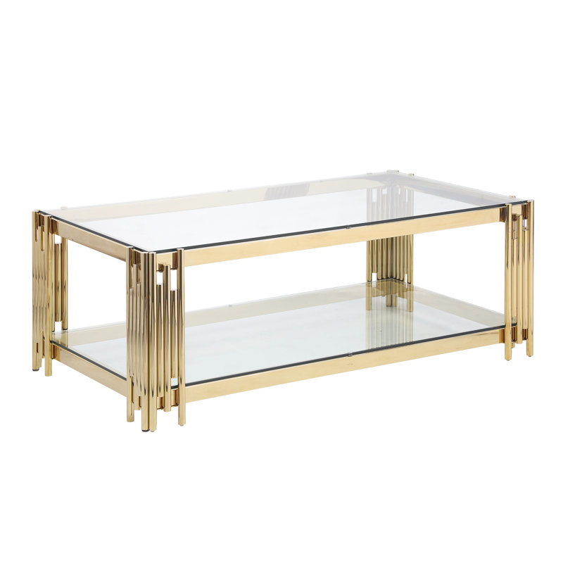 Table basse dorée en acier inoxydable et verre, rectangulaire rectangulaire de 48 po de hauteur, pour le salon, Transparent