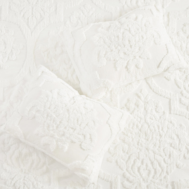 Ensemble de literie en chenille de coton 3 pièces - Édredon double / grand Shabby Chic, Blanc cassé