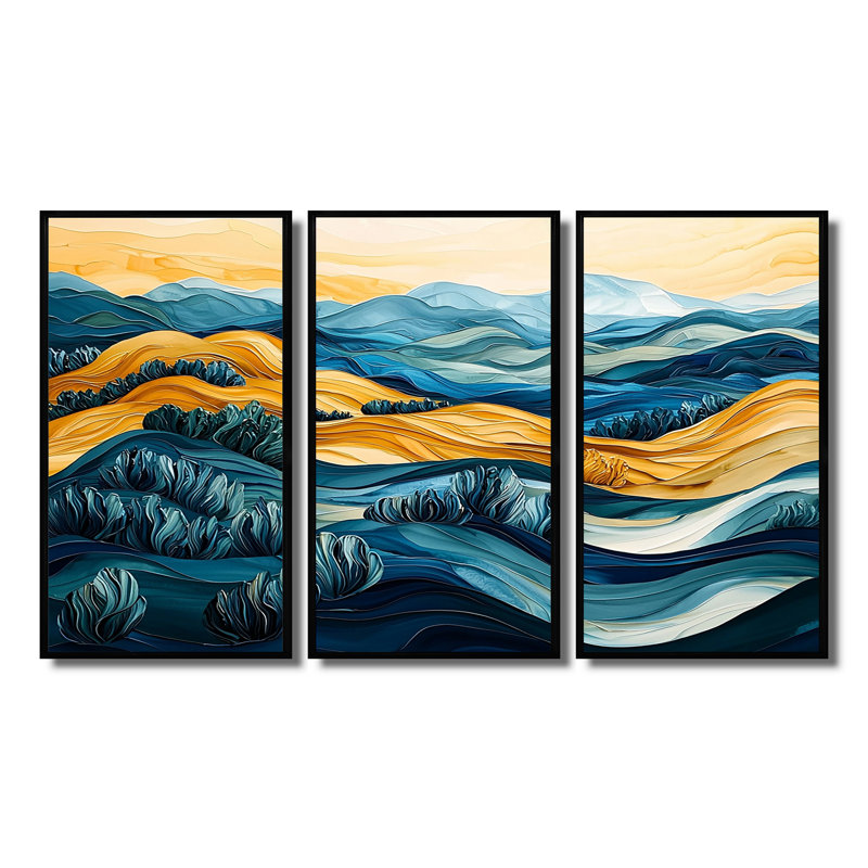 Jaune méditerranéen, oliveraies, paysage III, ensemble d'art mural abstrait, Toile naturelle avec cadre flottant