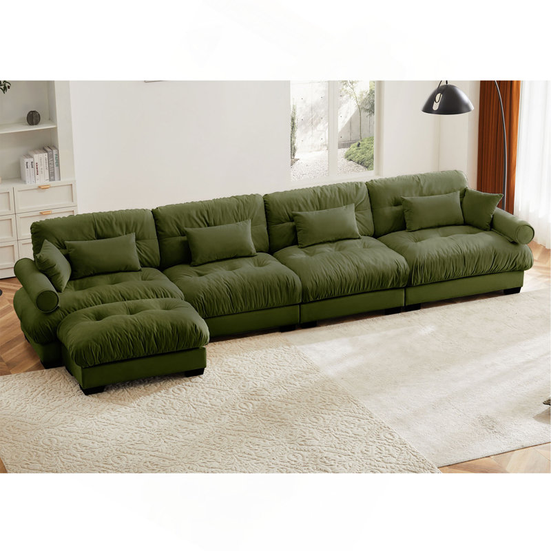 Canapé modulaire en L en forme de L, canapé-lit modulaire convertible à 4 places pour le salon, coussins de canapé d'angle rembourrés en velours moderne, coussins décoratifs et accoudoirs Blostered, vert olive