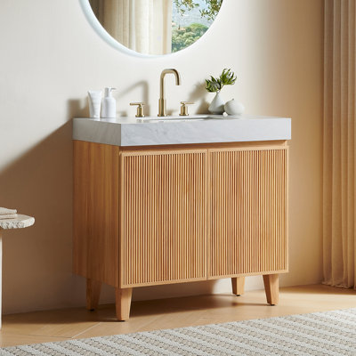 Meuble-lavabo autoportant de 36 po avec lavabo, armoire cannelée à 2 portes, veine or crème et plateau en pierre frittée grise, lavabo en céramique encastré, 3 trous de robinet pré-percés, armoire en contreplaqué, ensemble de robinet et de drain NO