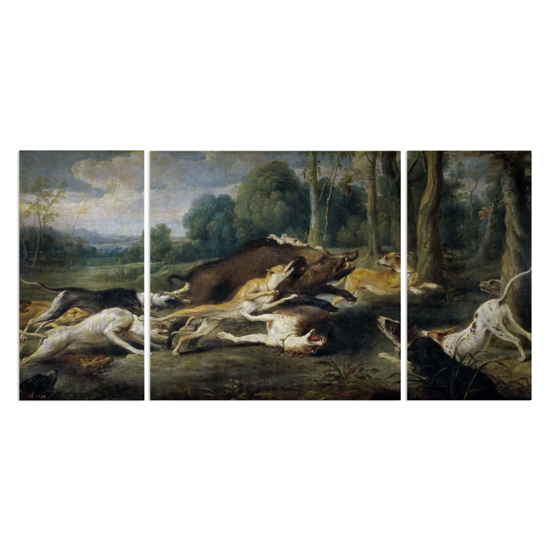 Chasse de sanglier-ensemble de 3 reproductions d’art sur toiles, H 40 po x l 80 po x P 1,5 po