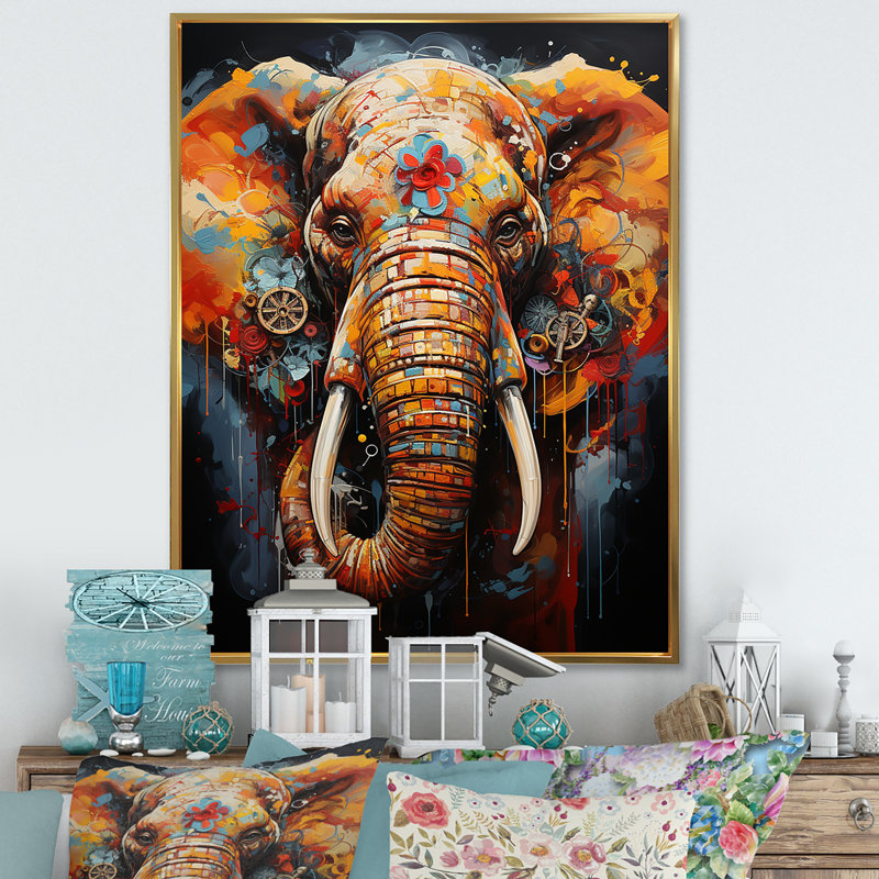 «Urban Graffiti Pachyderms I» sur toile, Cadre flottant doré, H 44 po x l 34 po x P 1,5 po