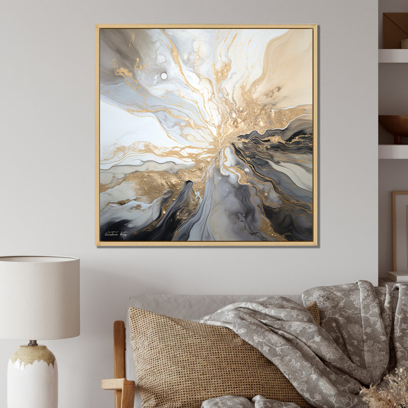 Explosion d'art liquide beige et noir, Cadre flottant en érable, H 16 po x l 16 po x P 1 po