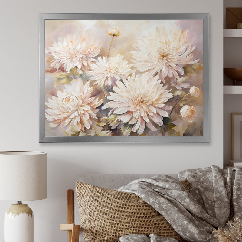 Fleur de chrysanthème beige - imprimé, Cadre simple argenté, H 24 po x l 32 po x P 1 po