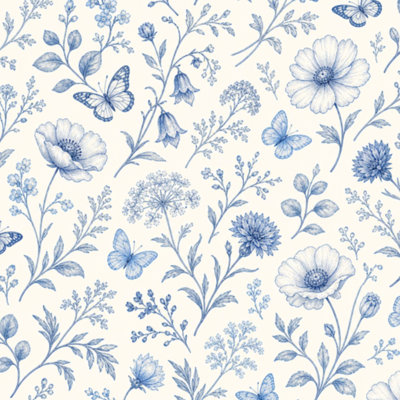 Rouleau de papier peint pelez et collez, amovible, motif floral rétro, roses sauvages, papillons bleus, blanc 23,6 po x H 118 po
