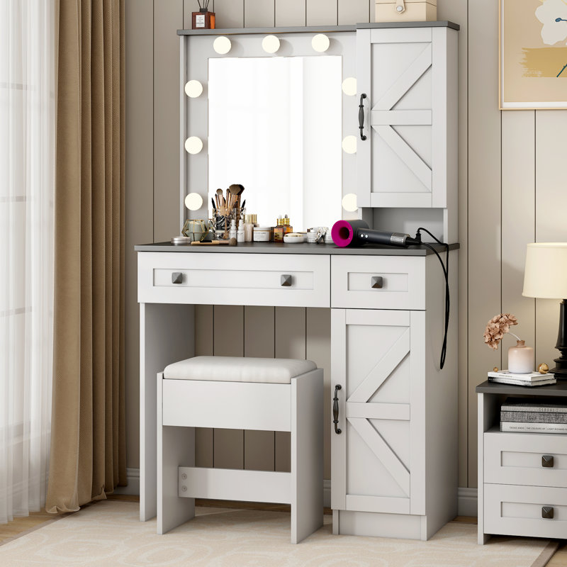Ensemble de coiffeuse avec miroir à DEL et prises intégrées