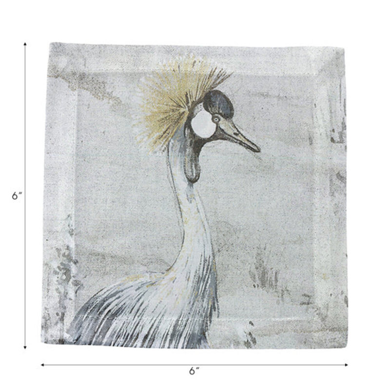 Crested Crane Cotton Sateen Cocktail Napkins, Silver Gold