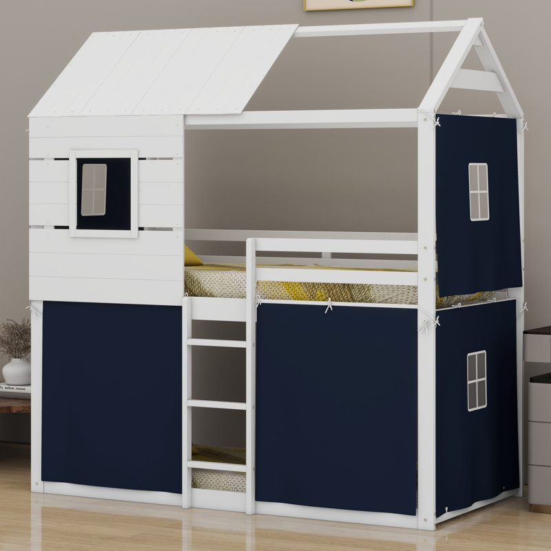 Unique Wood Playhouse Loft Bunkbeds With Ladders , Safety Guardrails ,Elegant Windows And Tent, Twin, Blue/White