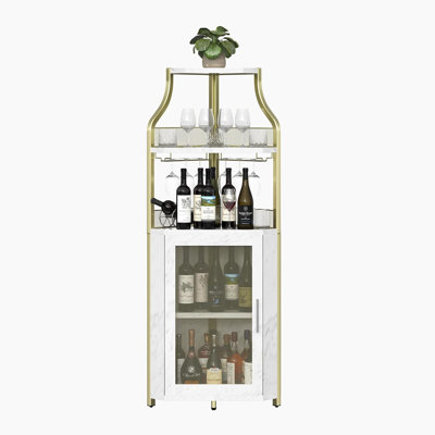 5-Tier Corner Wine Cabinet with Rack and Glass Holder, Modern Industrial Bar Cabinet for Kitchen, Living Room, or Dining Room