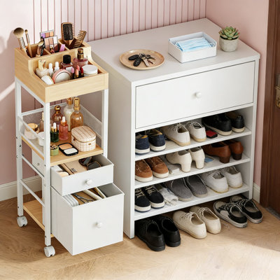Chariot de maquillage avec tiroirs en tissu, chariot de rangement mobile pour les cosmétiques, les soins de la peau, les brosses et les outils pour les cheveux, organisateur de coiffeuse roulant robuste avec tablettes réglables