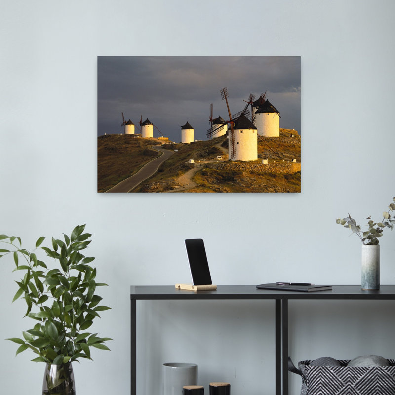 Old Traditional Windmills On Hills, Consuegra, Castilla La Mancha, Spain Contemporary Architecture Wall Art