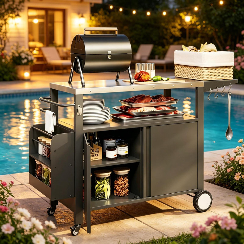 Îlot de cuisine mobile avec chariot de rangement moderne en acier inoxydable