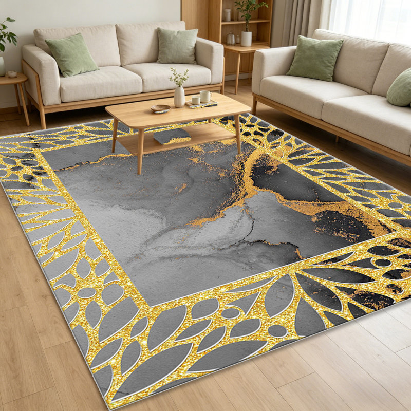 Grey Gold Marble Frame   area rugs for Living Room, Soft and Comfortable, Suitable for all seasons, easy to maintain, machine washable Indoor floor mat, Under Table Farmhouse suitable for Bedroom, Dining Room, Study,  Balcony, Home Decor Patio