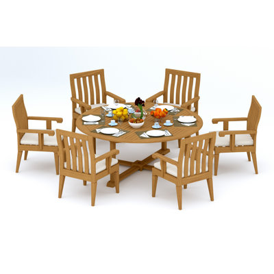 6 Seats 7 Pcs Grade-A Teak Wood Dining Set: 60" Round Table And 6 Caranas Arm Chairs #11Ca1206